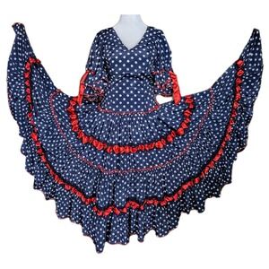 Vtg Flamenco Dress Navy Blue White Polka Dot Red Ribbon Lace Ruffle Sleeve Feria